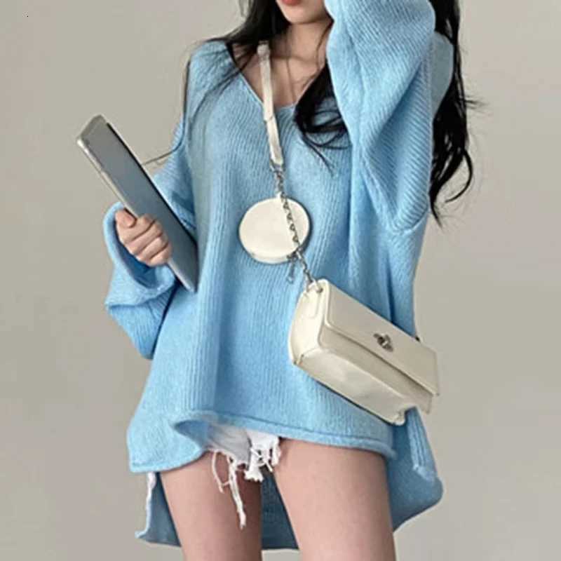 2025 Autumn Korean Style Long Sweater Loose Thin Sweater Sweet V-neck Pleated Blue Knitted Pullover Casual Womens Knitwear 99 XJ250819