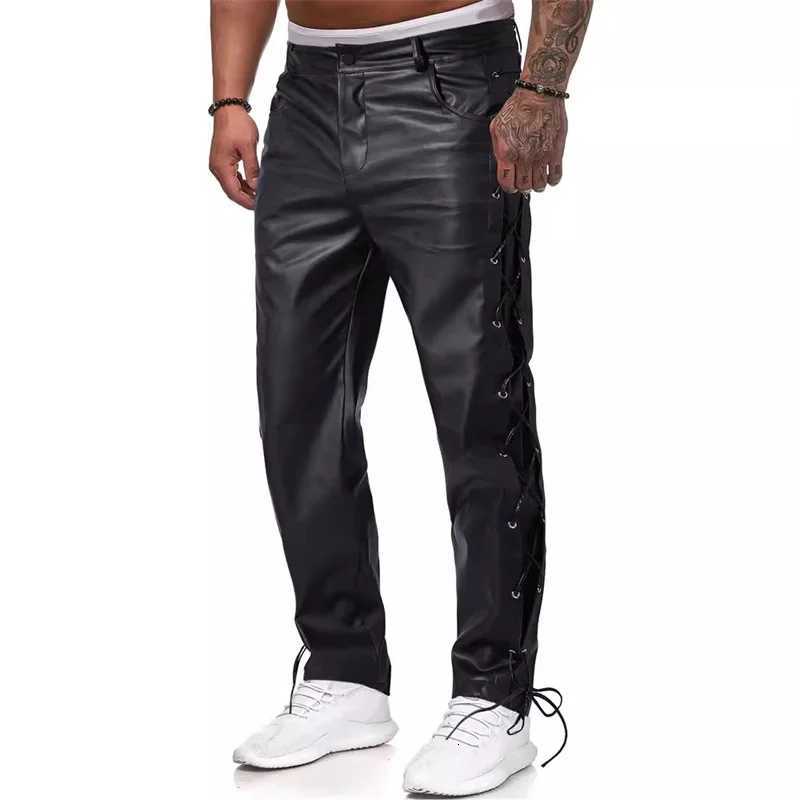 2024 Fashion High Street Mens Hot Loose Faux Leather Pants Unique Design Tied Casual Trousers W250819