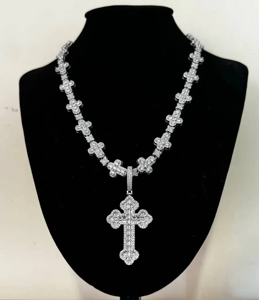 In Stock Iced Out Bling Rectangle Moissanite Hip Hop Cross Pendant Necklace Cross Chain Fine Jewelry Set for Men