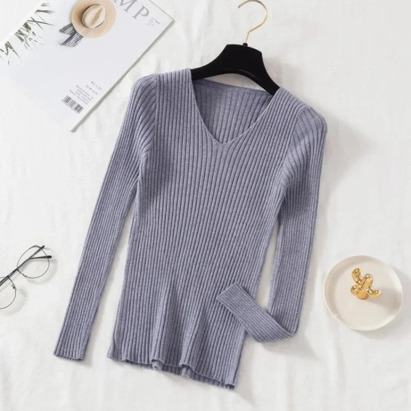 Casual Long Sleeve Knitted V Neck Pullover Autumn Winter Women Sweaters Femme Basic Solid Jersey Tops Fashion Clothes 250819