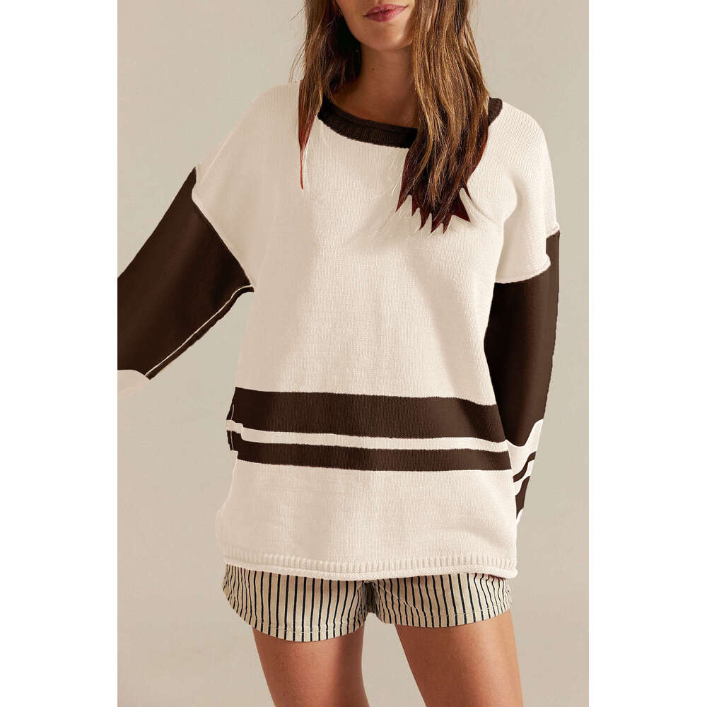New Autumn Winter Pullover Women's Color Block Round Neck Loose Versatile Knitted Sweater B3