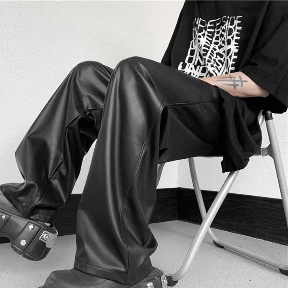 Men Straight Pants Drawstring Elastic Waist PU Leather Pants Hip Hop Wide Leg Loose Streetwear Unisex Waterproof Long Trousers W250819