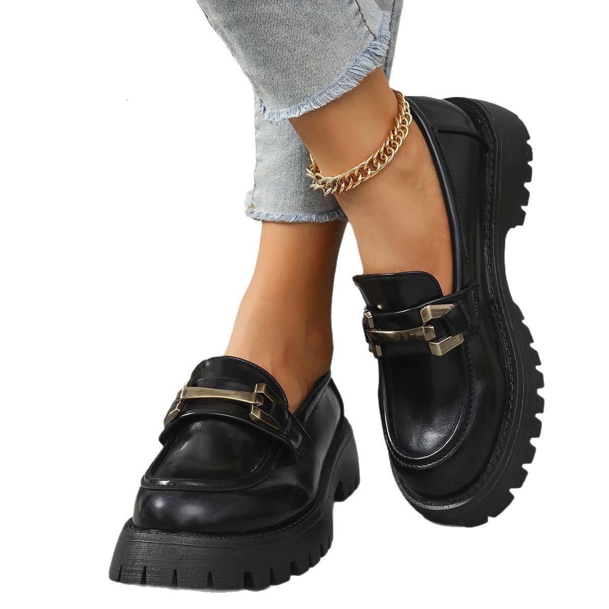 Large Size Thick-Soled Black Leather for Women 2025 Spring and Autumn New Slip-On Work Shoes with Metal Buckle Loafers ddmymoon