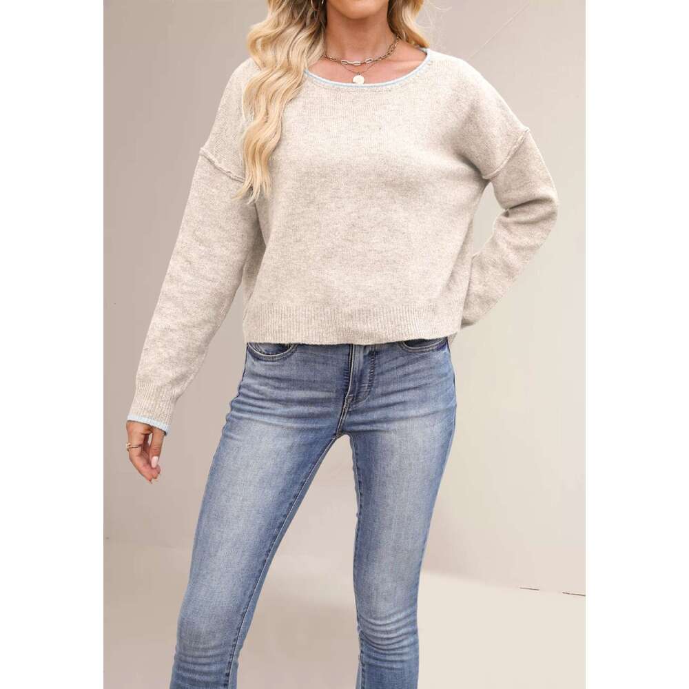 New Women's Clothing Autumn Winter Round Neck Color Block Knitted Loose Versatile Pullover Sweater B3