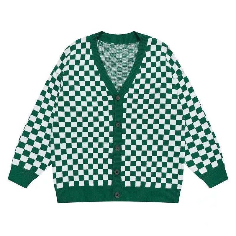 Checkerboard Plaid Cardigan Mens Sweaters INS Winter Coats Knitwear Clothing Japanese Vintage Wool Couples 250819