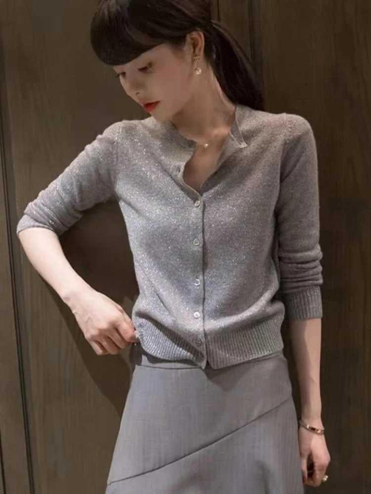 Spring and Autumn Thin Womens Round Neck Knit Solid Color Bright Silk Cardigan Jacket Loose Bottoming Cardigan Sweater XJ250819