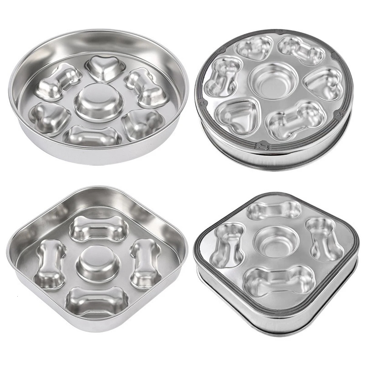304 Stainless Steel Slow Feeder Bowl - Anti-Slip Silicone Bone/Heart 8.4-9.8in for Cats/Dogs 250813