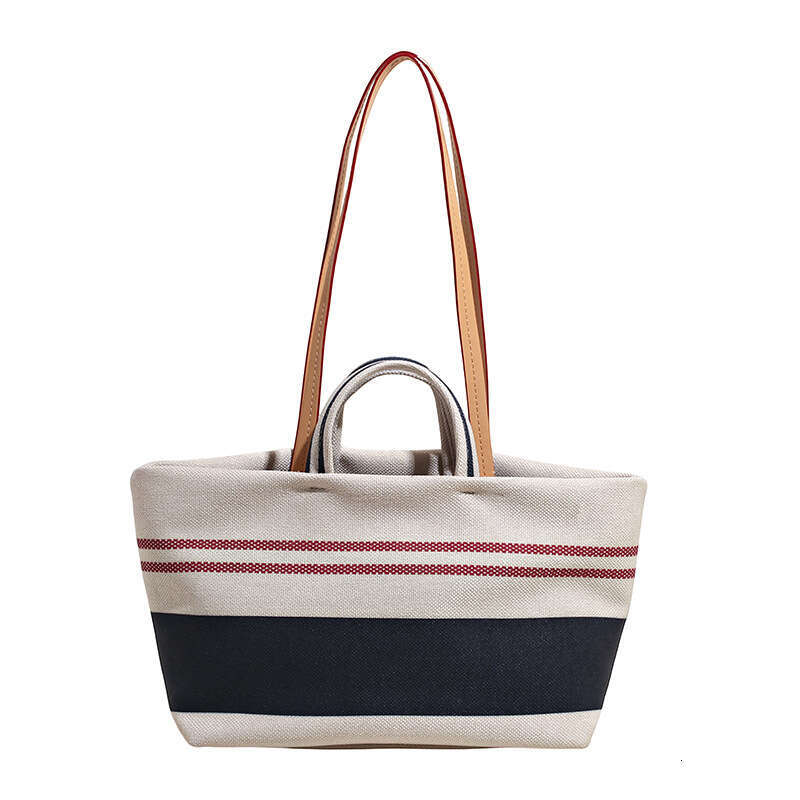 Contrast Color Striped Canvas Bags Tote Bag Women 2025 Summer Large Capacity Casual Vacation Style Designer Shoulder Handbag