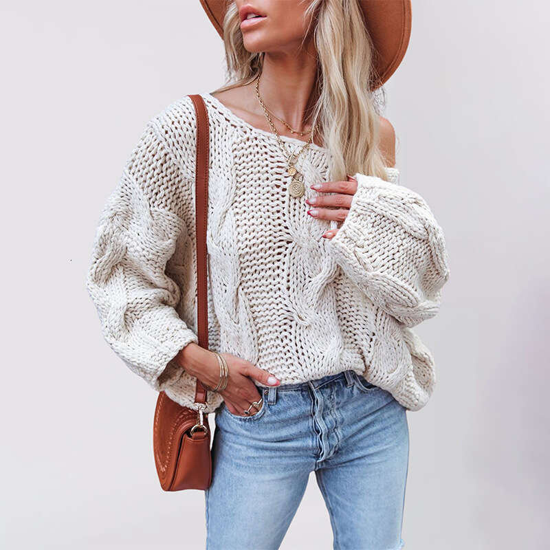 Autumn And Winter New Women's Street Style Off-Shoulder Cable Knit Pullover Loose Knitted Sweater B5
