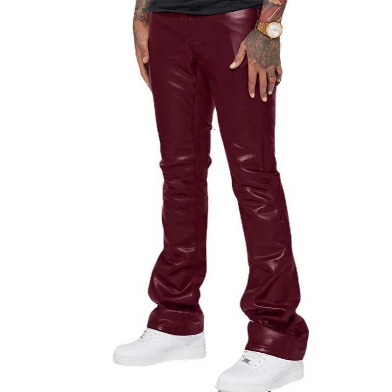 Leather Pants Men Long Pant Solid Mid Waist Casual Regular Pleated Splice Straight Trousers with Button Pocket for Autumn Winter W250819