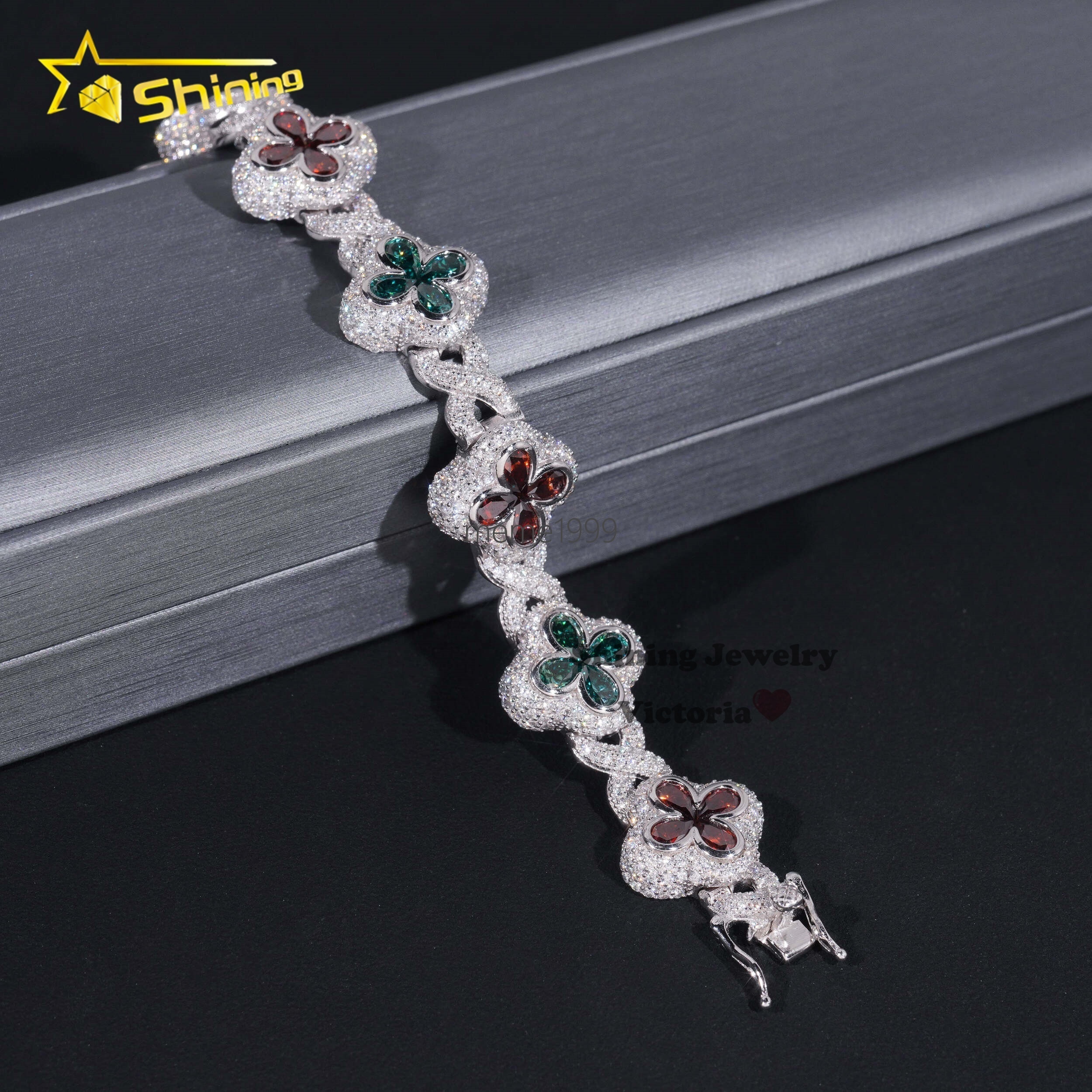 Fashion Christmas Jewelry Hip Hop Luxury Pear Colored Moissanite Diamond Clover Fancy Shape Mens Silver Cuban Bracelets