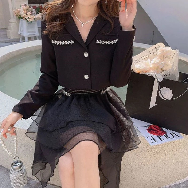 Rhinestone Blazers Skirts Two Piece Set for Women Spring Autumn Graceful Slim Suit Jacket Ball Gown Outfits Office Lady Workwear 250818