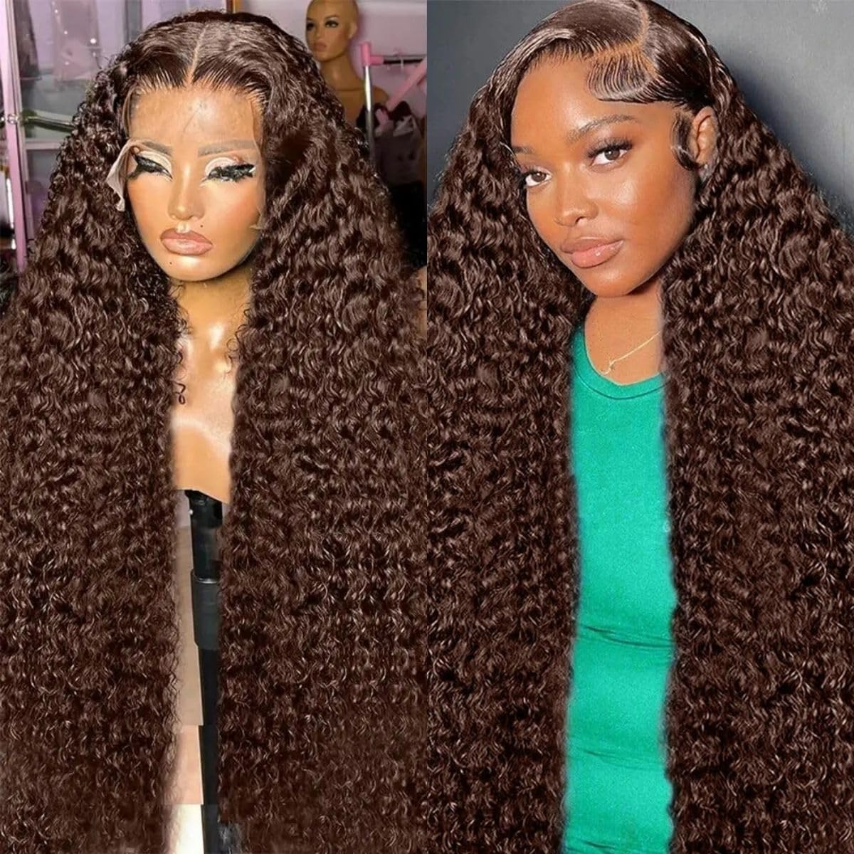 30 Inch Chocolate Brown Deep Wave Lace Front Wigs 220 Density 13x6 HD Lace Frontal Wig Curly Human Hair Pre Plucked Wig for Women Brown Glueless with 