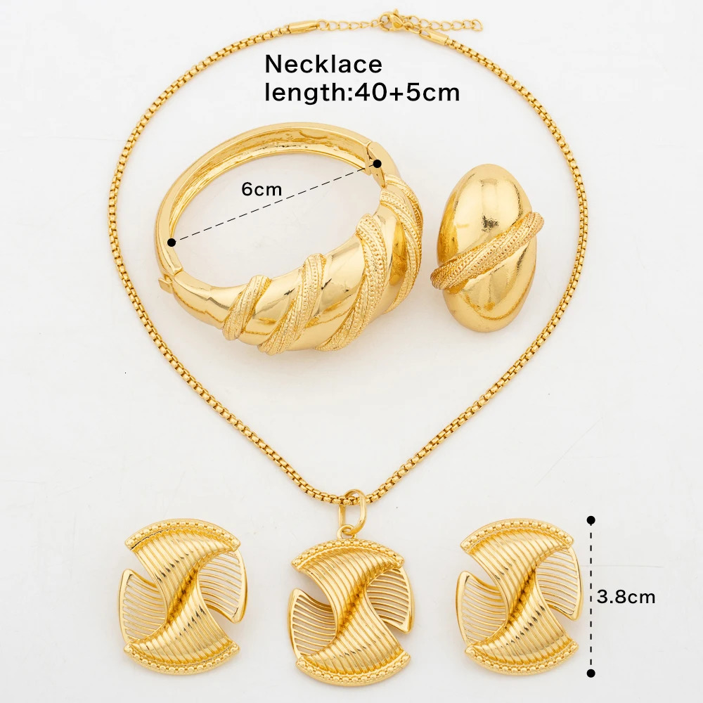 Fashion Gold Plated Jewelry Set for Women Spiral Clip Earrings Necklace with Bracelet Ring Dubai Engagement Bridal Accessories 250818