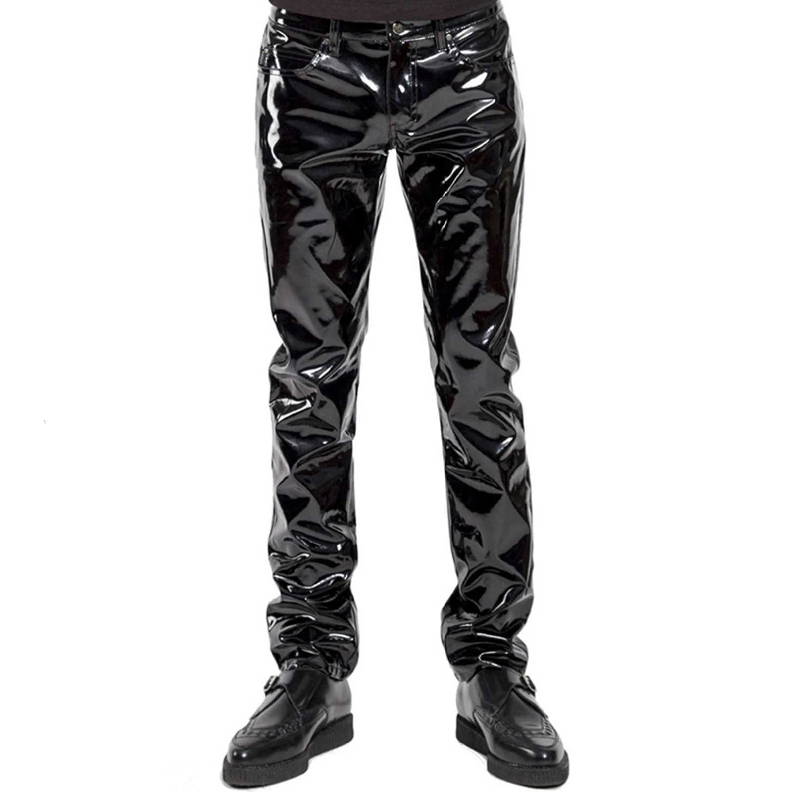 Men Wet Look Patent Leather Full Length Pants Boys Black Glossy Mid Waist Straight Trousers for Bar Nightclub Stage Show Costumes W250819