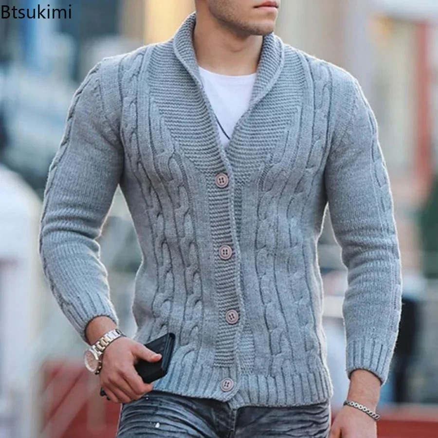 Autumn Winter Mens Warm Knitted Sweater Solid Singlebreasted Twisted Texture Cardigan Lapel Slim Buttoned Thick Male 250819