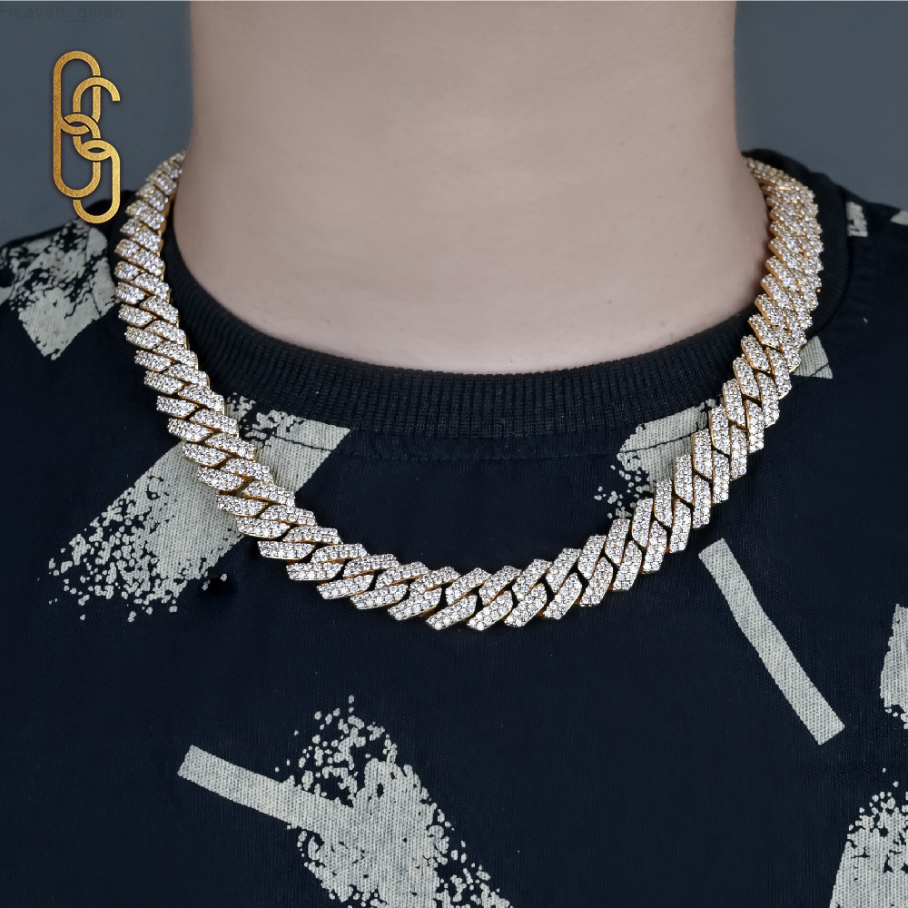 14mm Iced Out VVS Moissanite CZ Cuban Necklace Stock Bling 925 Silver Plated Moissanite CZ Hip Hop Men Jewelry Chain