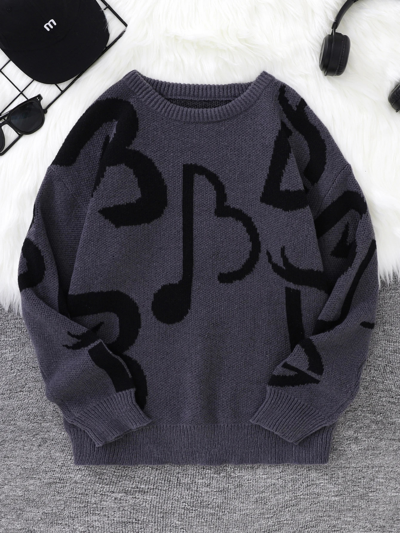 Autumn and Winter Letter Note Jacquard Pattern Pullover Sweater Casual Round Neck Contrast Color Knitted Mens 250819