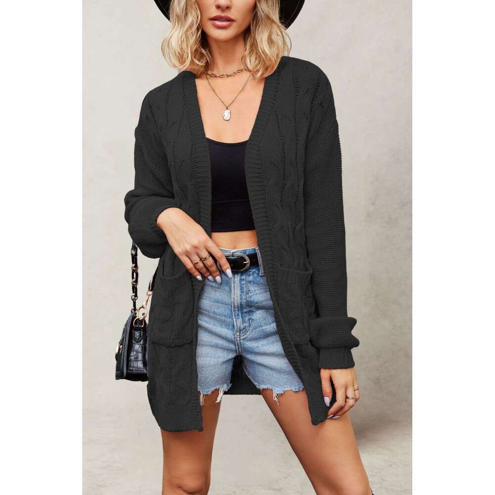 New Autumn Winter Style V-Neck Cable Knit Long Sleeve Loose Sweater Cardigan Coat B5