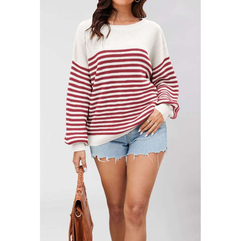 Autumn Winter New Women's Tiktok Casual Striped Color Block Knitted Round Neck Plus Size Sweater Top B5