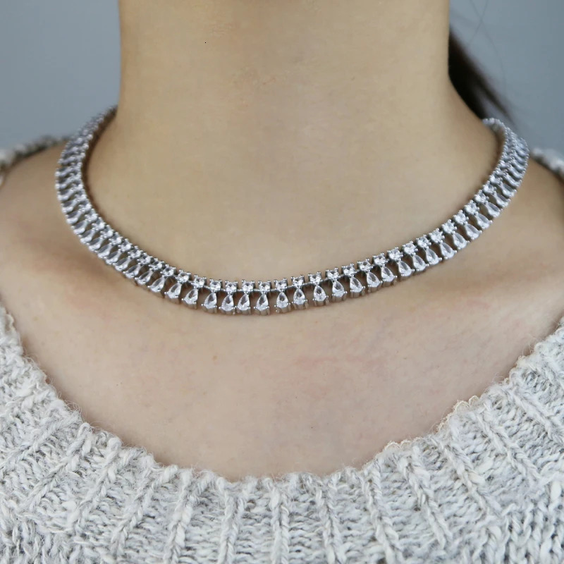 Iced Out Bling Tear Drop Necklace Silver Color Round Cubic Zirconia Cz Tennis Paved Link Chain Choker For Women Jewelry 250815