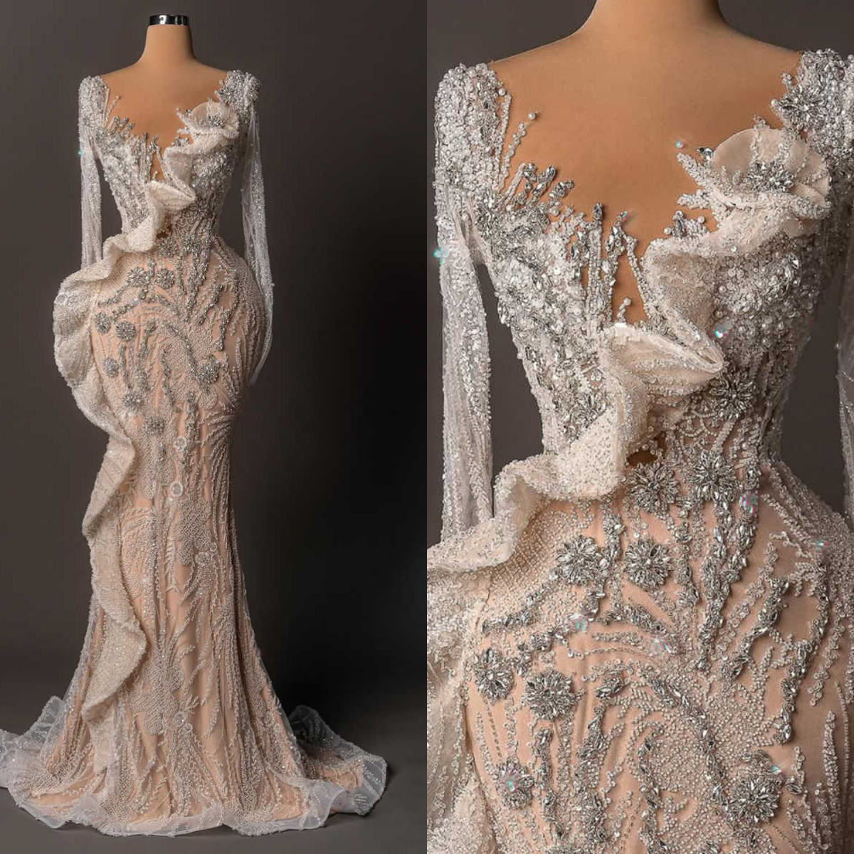 Customized Mermaid Crystal Evening Dress Long Sleeve Lace Appliques Prom Gowns Beadeds Sequins Formal Occasion Dresses