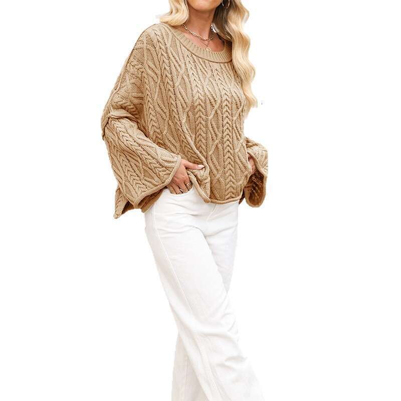 New Autumn Winter Women's Clothing Plus Size Short Loose Braided Solid Color Knitted Sweater B3