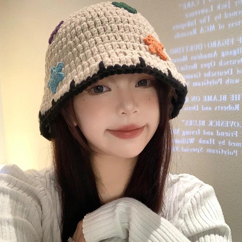 Knitted Fisherman Hat for Women In Autumn And Winter Korean Version Handmade Woolen Hat Big Head Water Bucket Hat 250819