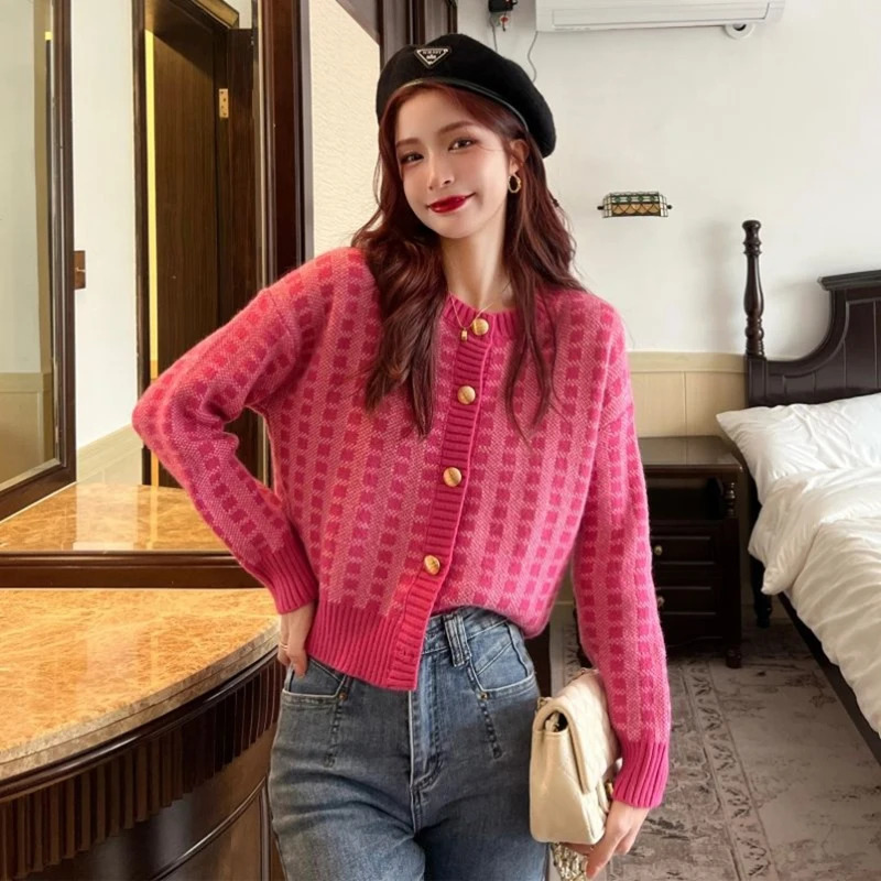 Y2k Pink Women Cardigan Korean Sweet Plaid Long Sleeve Female Sweaters Harajuku O Neck Preppy Style Ladies Tops 250819