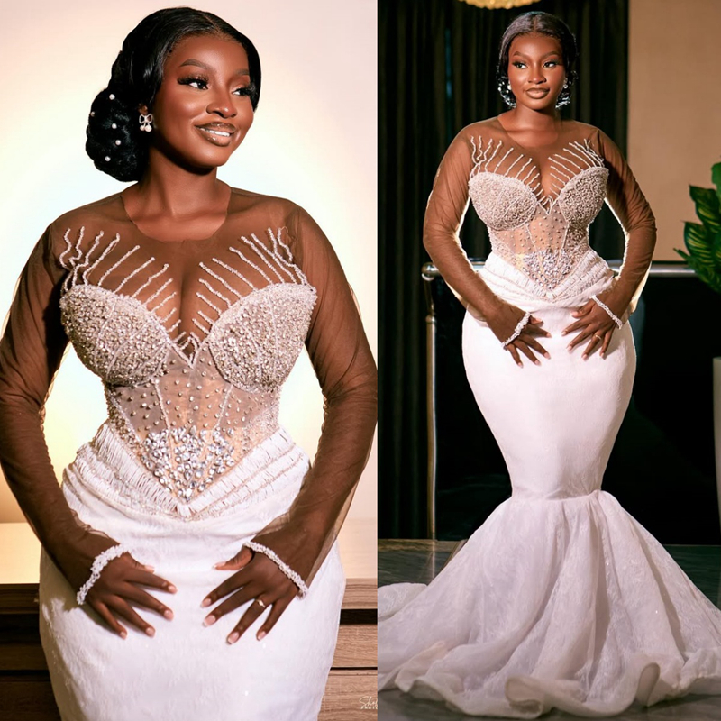 Plus Size Aso Ebi African Wedding Dress Bridal Gown For Bride Mermaid Wedding Gowns Sheer Neck Long Sleeves Beaded Lace 280Rhinestones Bridal Dress D6