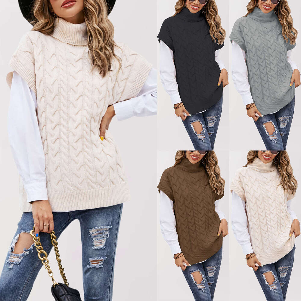 Autumn Winter New Temu Sleeveless Button Rope Vest Knitted Loose Pullover High Neck Sweater For Women B5