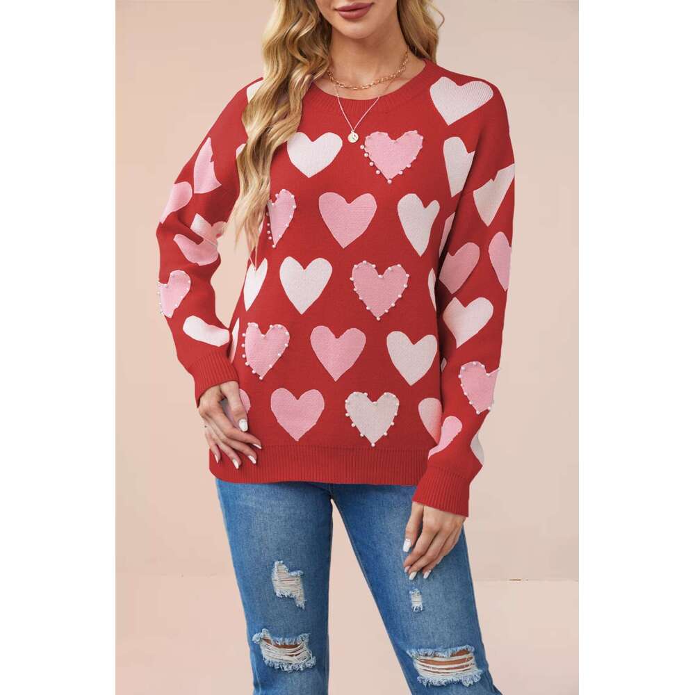 Autumn Winter New Tiktok Valentine's Day Round Neck Beaded Heart Peach Pullover Knitted Sweater For Women B5