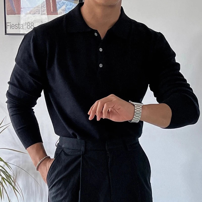 Slim Fit Button-up Turn-down Collar Knit Polo Shirt Fall Fashionable Mens Long Sleeve Polos Trendy Mens Solid Color Polo Shirts 250818