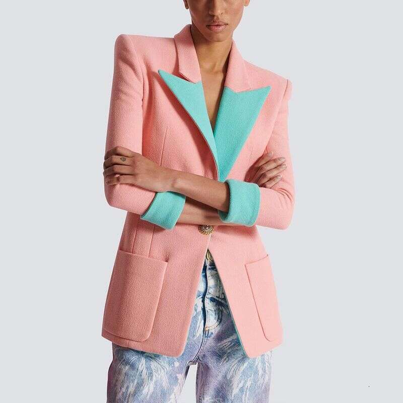 2025 New Color Blocking Patchwork Women In Spring And Summer, Seven Quarter Sleeved Suit Jacket Pink Single Breasted Jacket
