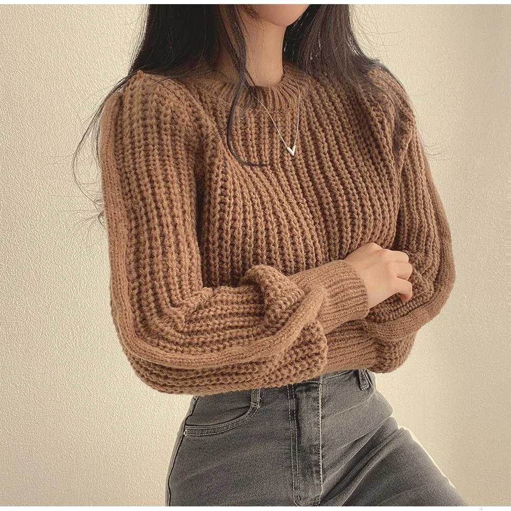 Vintage Harajuku Lantern Long Sleeve Sweaters Women Korean Autumn Winter Knitwear O Neck Crop Tops Chic Solid Femme Sweater XJ250819