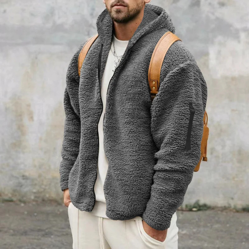 2024 Mens Autumn and Winter Double-Sided Fleece Warm Jacket Loose Hooded Casual Jacket 250814