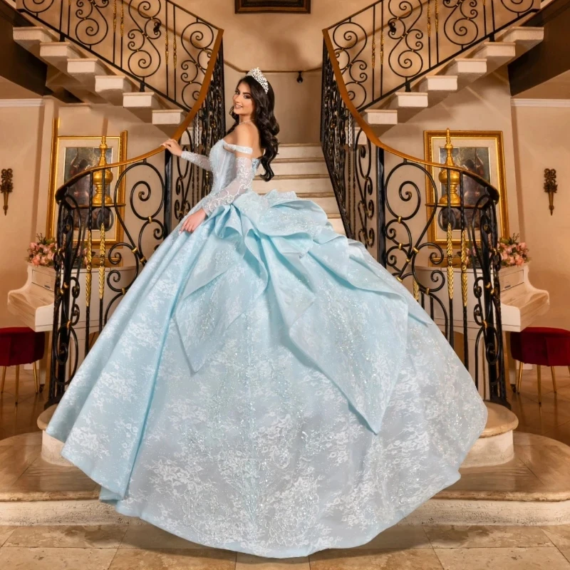 Sky Blue Off The Shoulder Quinceanera Dresses Applique Lace Tull Beads Princess Ball Gown Party Birthday vestidos 15 anos Sweet 16 Dress