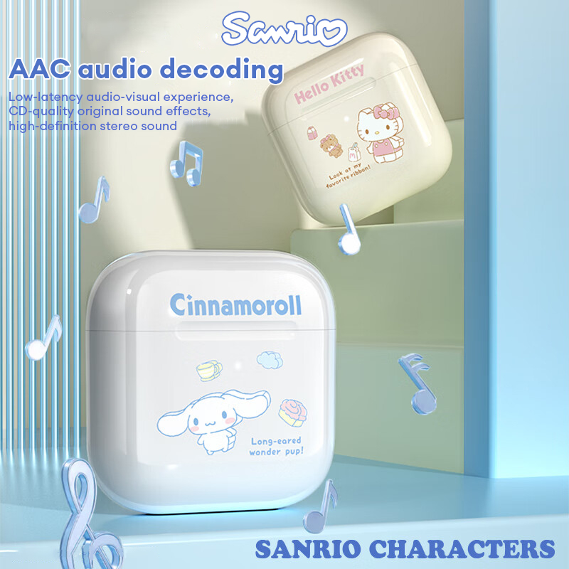 Sanrio Wireless Bluetooth Earphones Semi-In-Ear Call Noise-Canceling Sports Headset EJ-116 Hi-Fi High-Quality Music Earbuds Hello Kitty