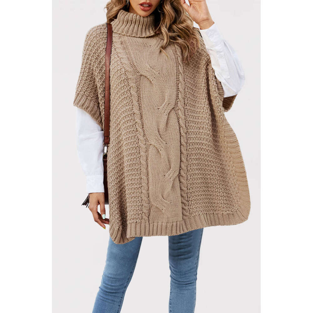 Women's Clothing Autumn Winter New High Neck Cable Knit Shawl Loose Half Sleeve Vest Sweater B5