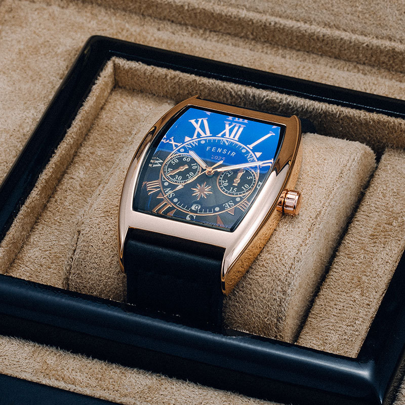 The 2025 popular barrel-shaped watch, with a leather strap, calendar, and waterproof design, shows unique personality and fashion.