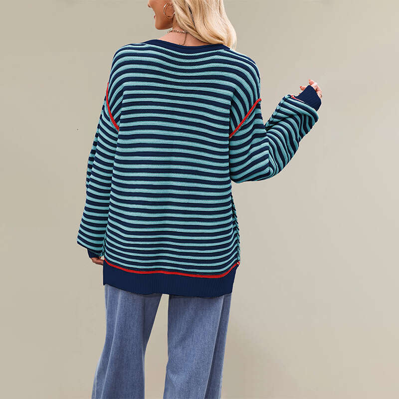 New Autumn Winter Sweater Women's Clothing Popular Striped Top Round Neck Pullover Loose Long Sleeve B3