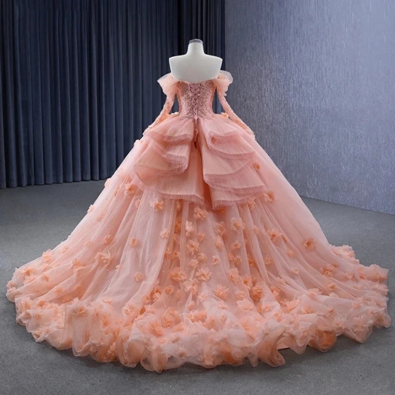 Light Pink Princess Ball Gown Quinceanera Dresses Lace Flower Beads Tull Long Sleeves Birthday Party Dress Vestidos De 15 Anos Sweet 16 Dress