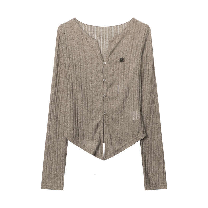 Pure Desire Style V-Neck Ribbed Long Sleeve Knitted Cardigan For Women Spring Thin Slim Fit T-Shirt Trendy B3