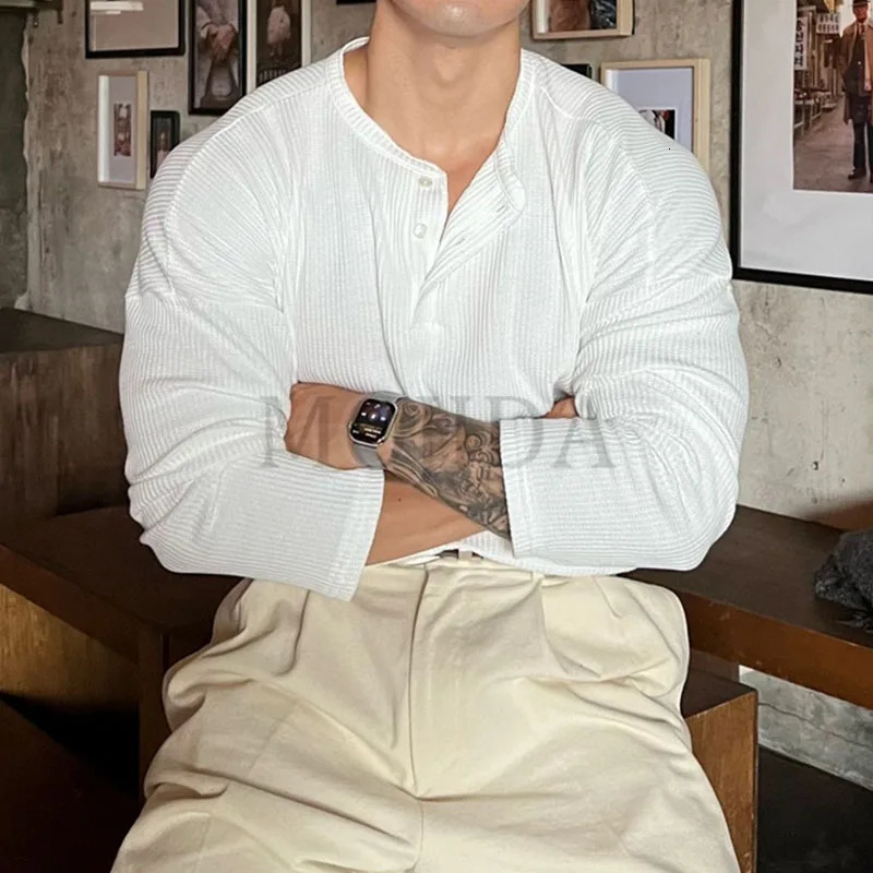 Vintage Trend Fashion Men T-Shirts Spring Autumn Solid O-Neck Button Waffler Elastic Quick Dry Casual Loose Long Sleeve Tops 250818