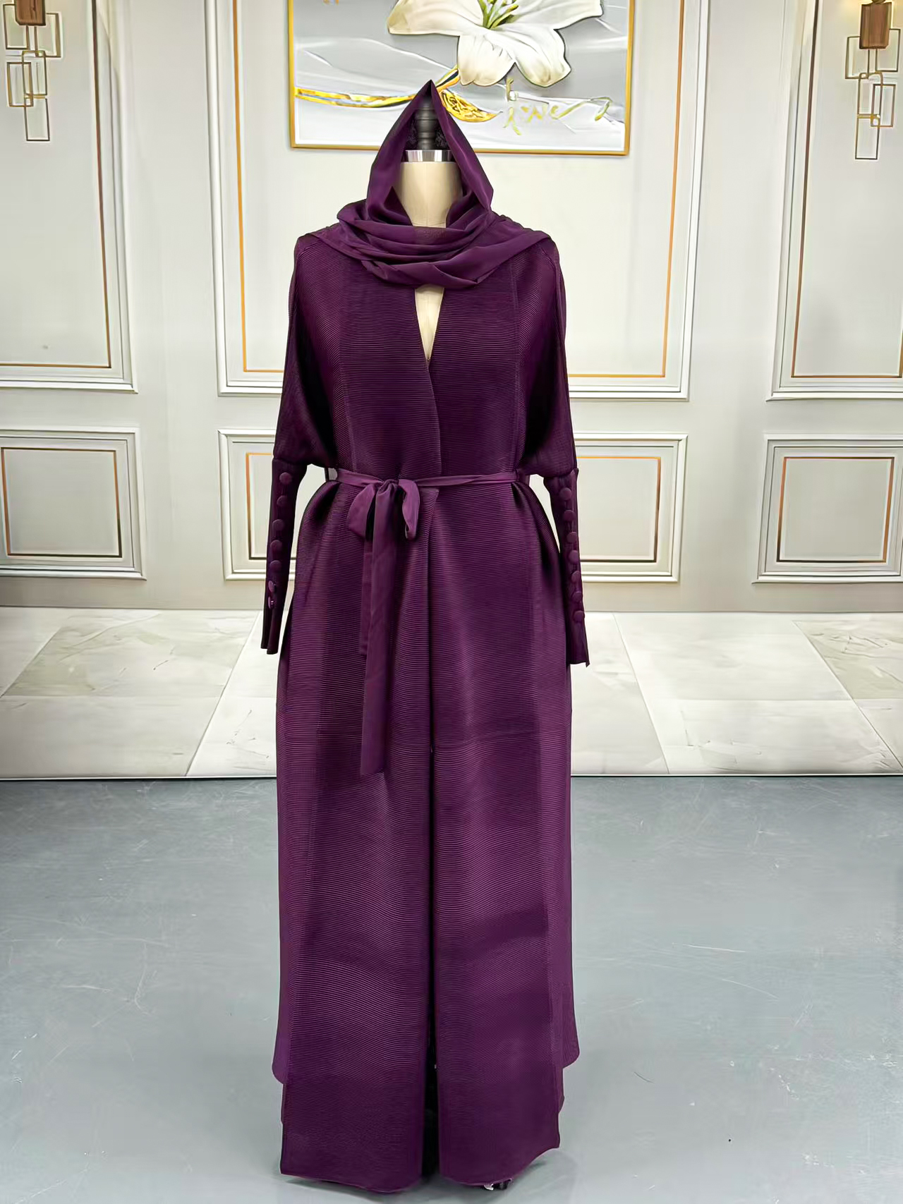 Long robe coat Ethnic Clothing The Middle Eastern printed pleated robe coat is elegant in Arab style 25309