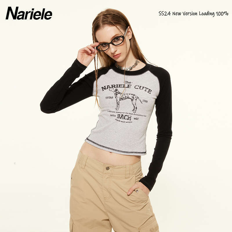 Letter Print Ins Niche Color Block Long Sleeve T-Shirt Round Neck Slimming Age-Reducing Versatile Top For Women B3