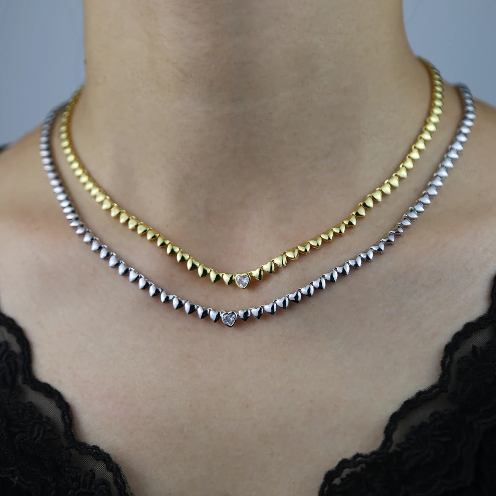 High Polish Shiny Heart Shaped Charm Tennis Chain 16 Inches Fashion Necklace Valentines Gift Jewelry 250815