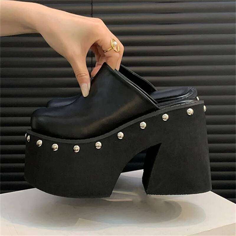 Eilyken Fashion Design Rivets Solid Platform Slippers Women Thick Bottom High Heels Shoes Summer Party Dress Zapatos Mujer