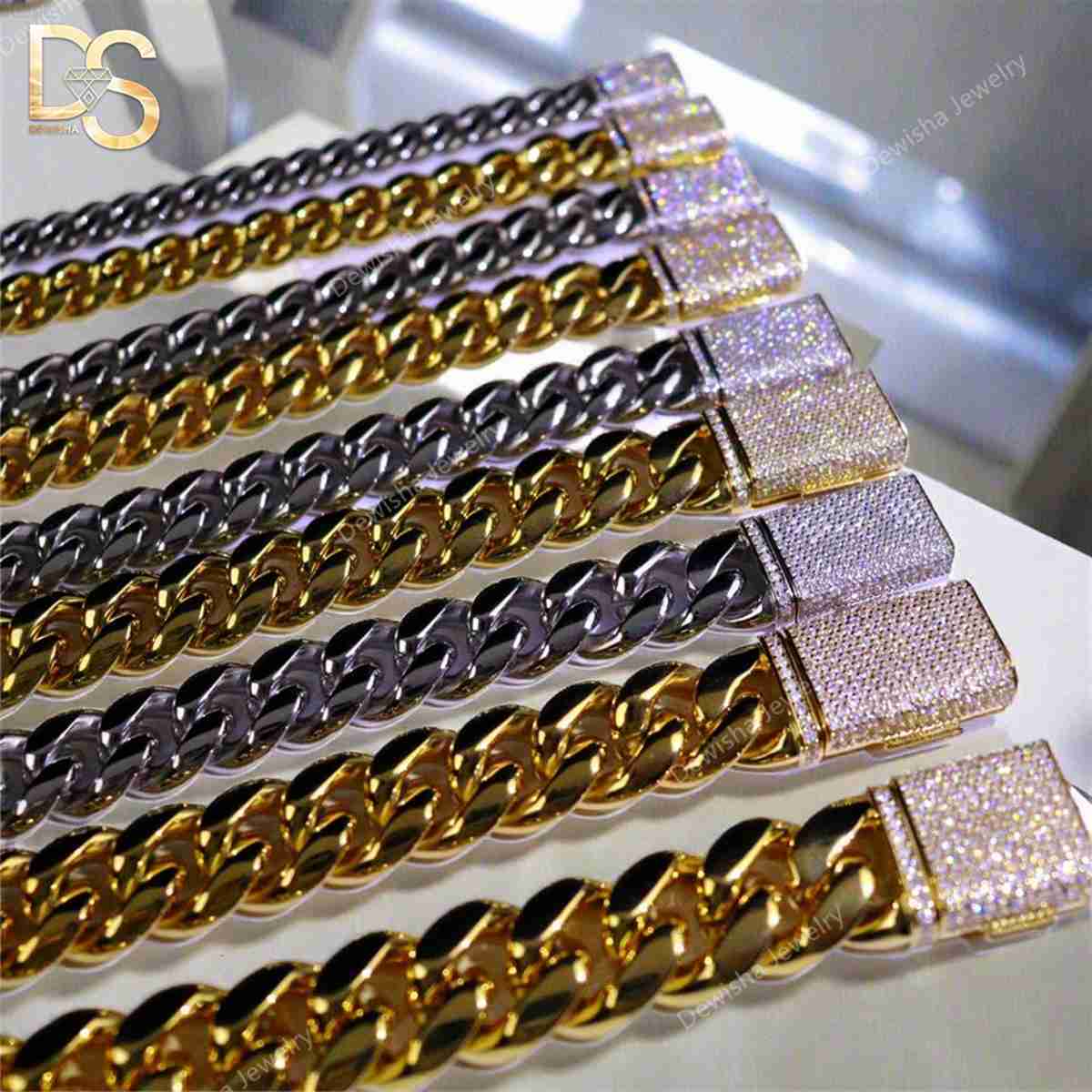 Wholesale Thick Solid Cuban Link Chain Hip Hop Jewelry 925 Silver Iced Diamond Clasp Flat Miami Cuban Link for Men Women