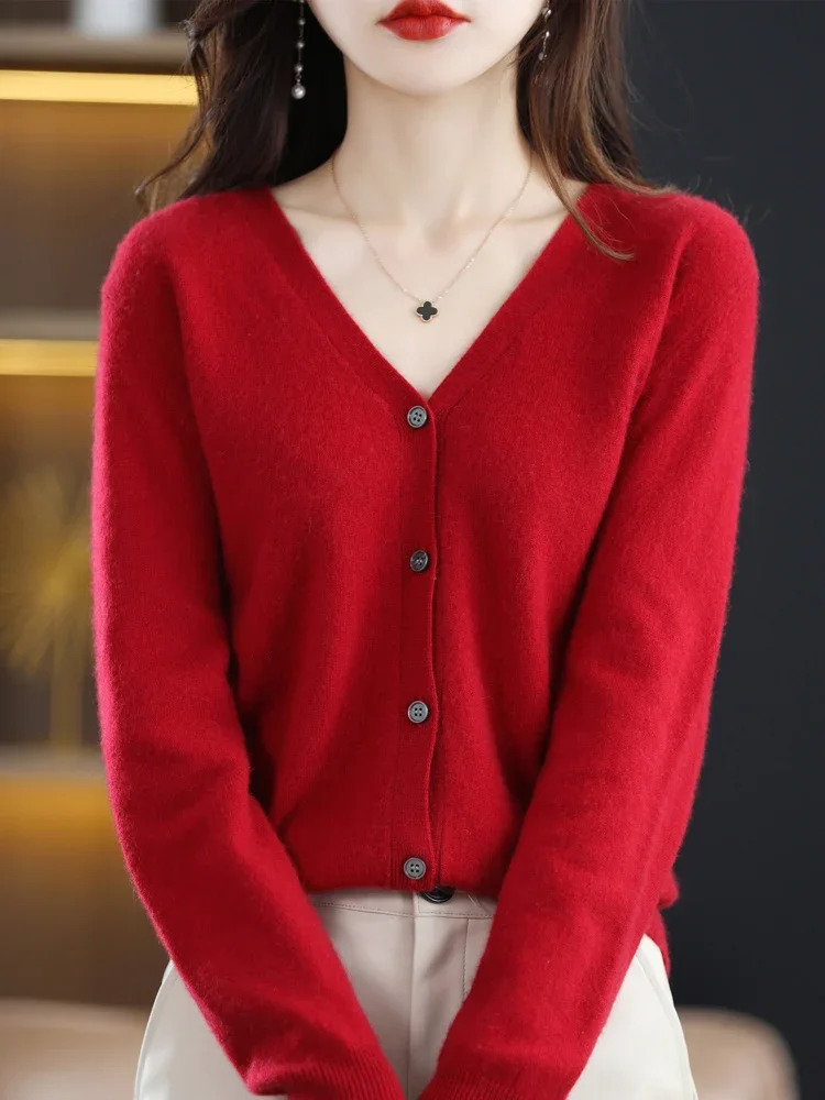 Women Cardigans Vneck Long Sleeve Knitted Outerwear Solid Thin Spring Autumn Sweaters Knitwears Korean Fashion Red 250819